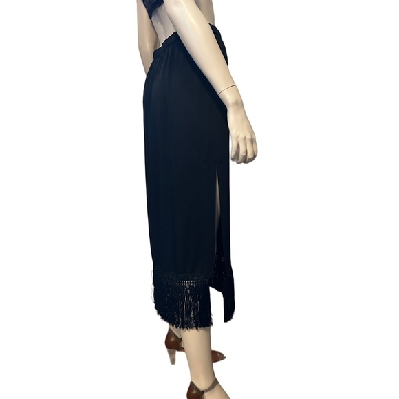 Zara Woman Black Satin Midi Skirt Fringe Tassel Hemline Pockets High Slit Leg - Picture 9 of 15